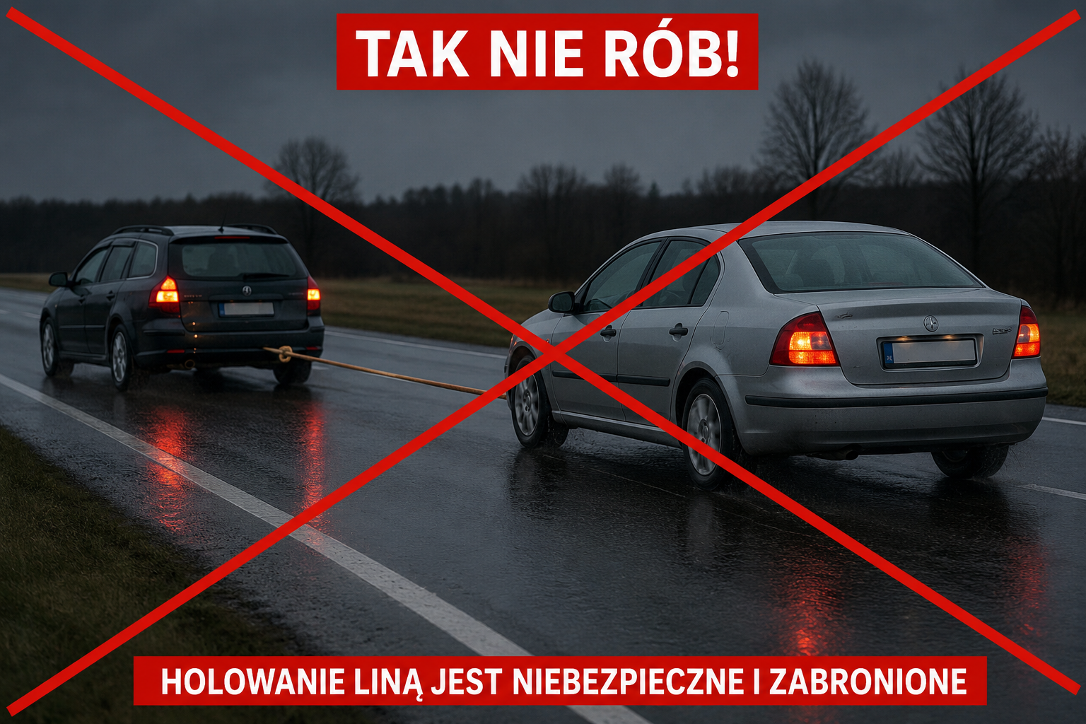 „Bezpieczne holowanie liną. Kiedy jest zakazane i kiedy staje się skrajnie niebezpieczne dla kierowcy, pasażerów i innych uczestników ruchu drogowego”