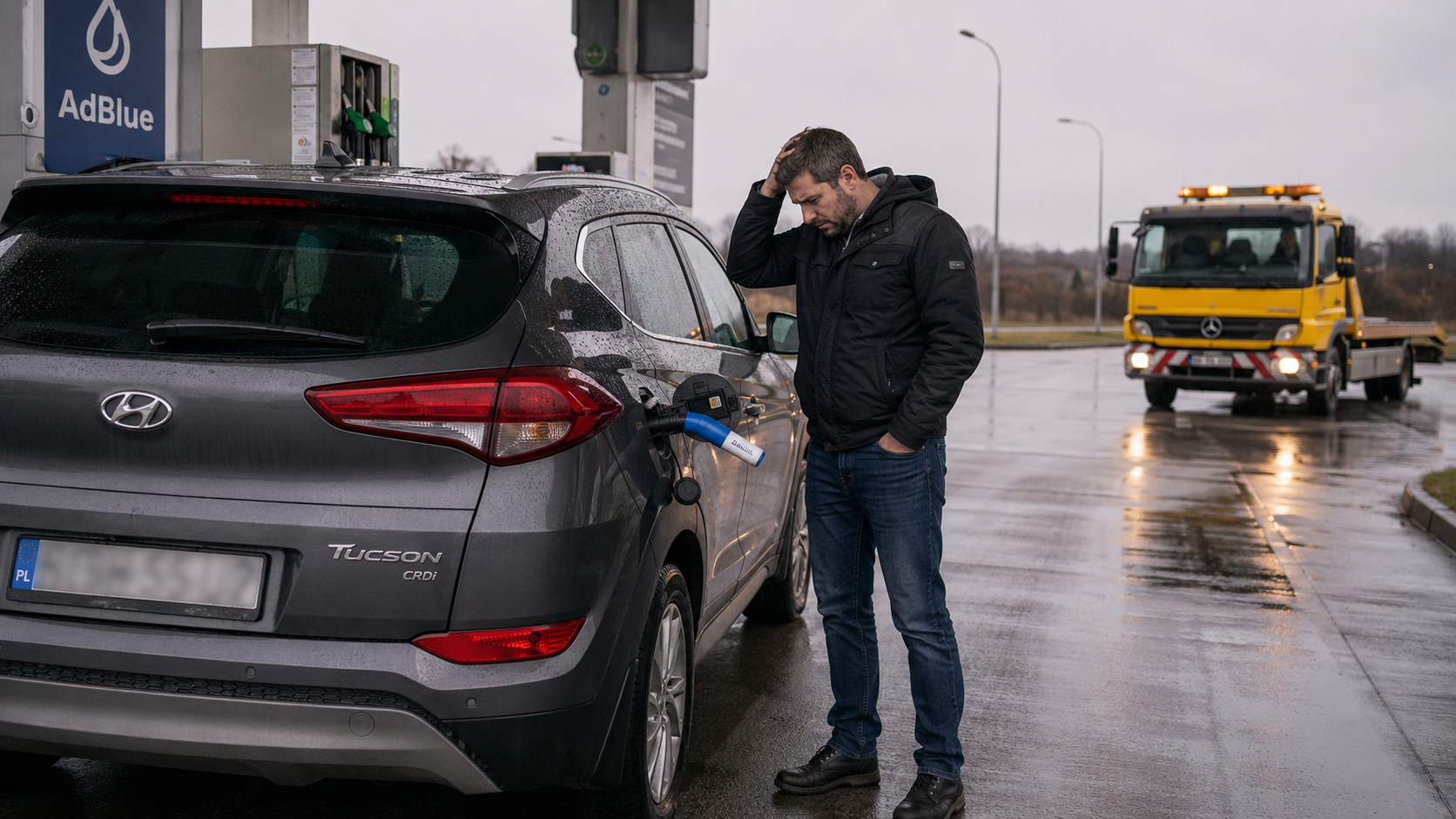 „Hyundai Tucson Diesel i AdBlue wlany przez pomyłkę do zbiornika paliwa. Co zrobić od razu, żeby nie zniszczyć układu paliwowego i bezpiecznie wezwać pomoc drogową w Warszawie”