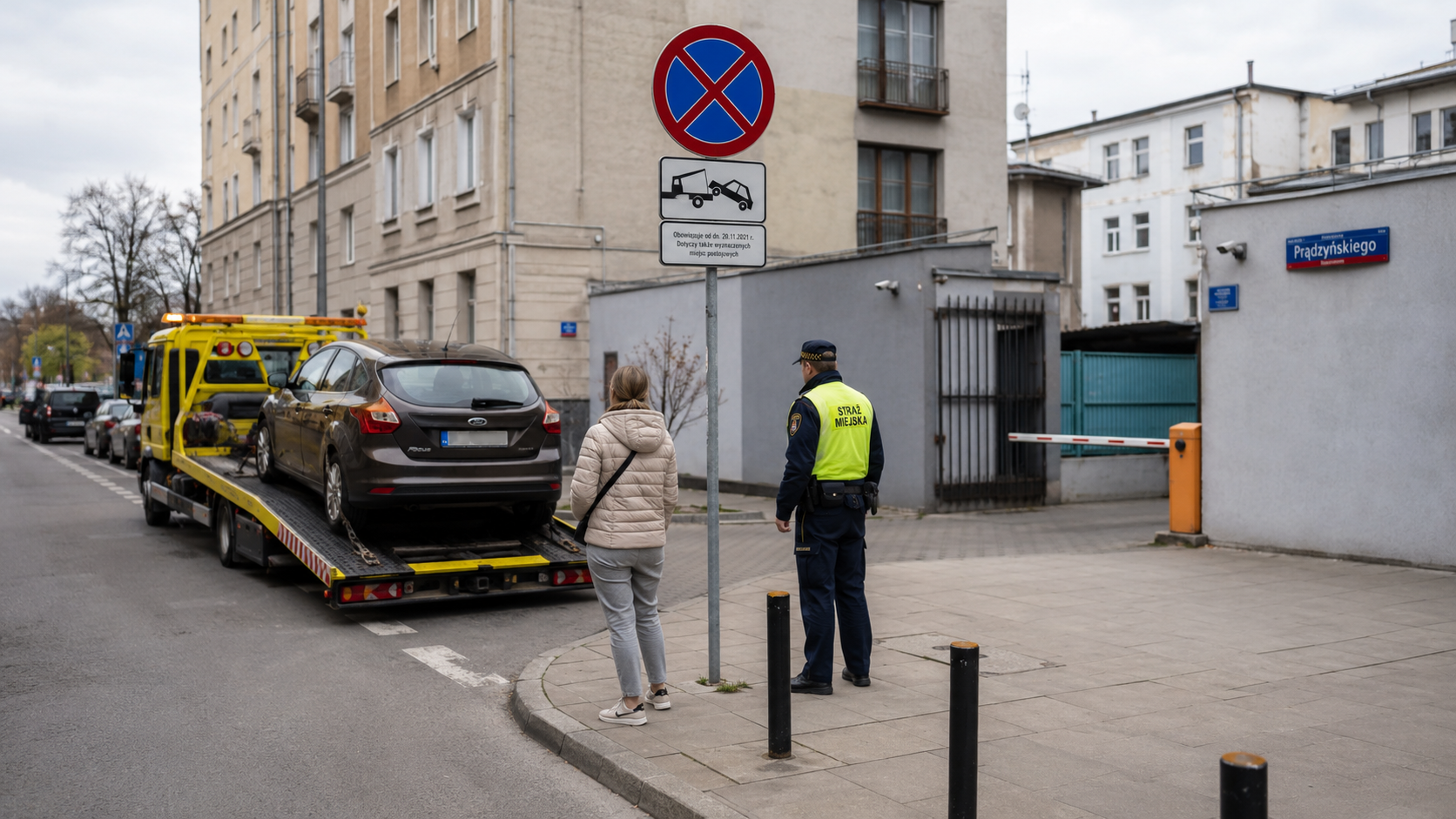 „Odholowanie źle zaparkowanego pojazdu z ulicy na parking policyjny przy ulicy Prądzyńskiego w Warszawie i zasady odbioru auta”