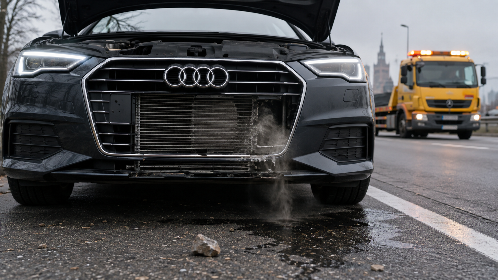 Pęknięta chłodnica klimatyzacji po kolizji z kamieniem w Audi. Mała rzecz, duży wyciek