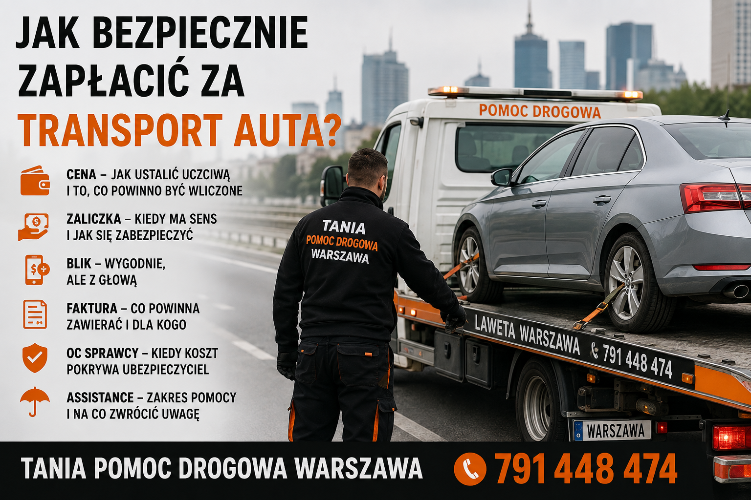 Jak bezpiecznie zapłacić za transport auta? Cena, zaliczka, BLIK, faktura, OC sprawcy i assistance. Tania Pomoc Drogowa Warszawa tel. 791 448 474.