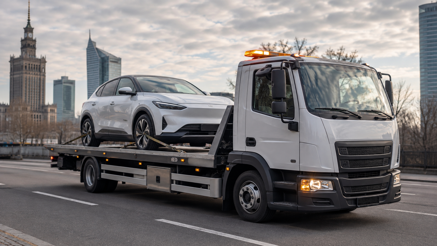 Holowanie samochodu elektrycznego Warszawa - elektryk na lawecie