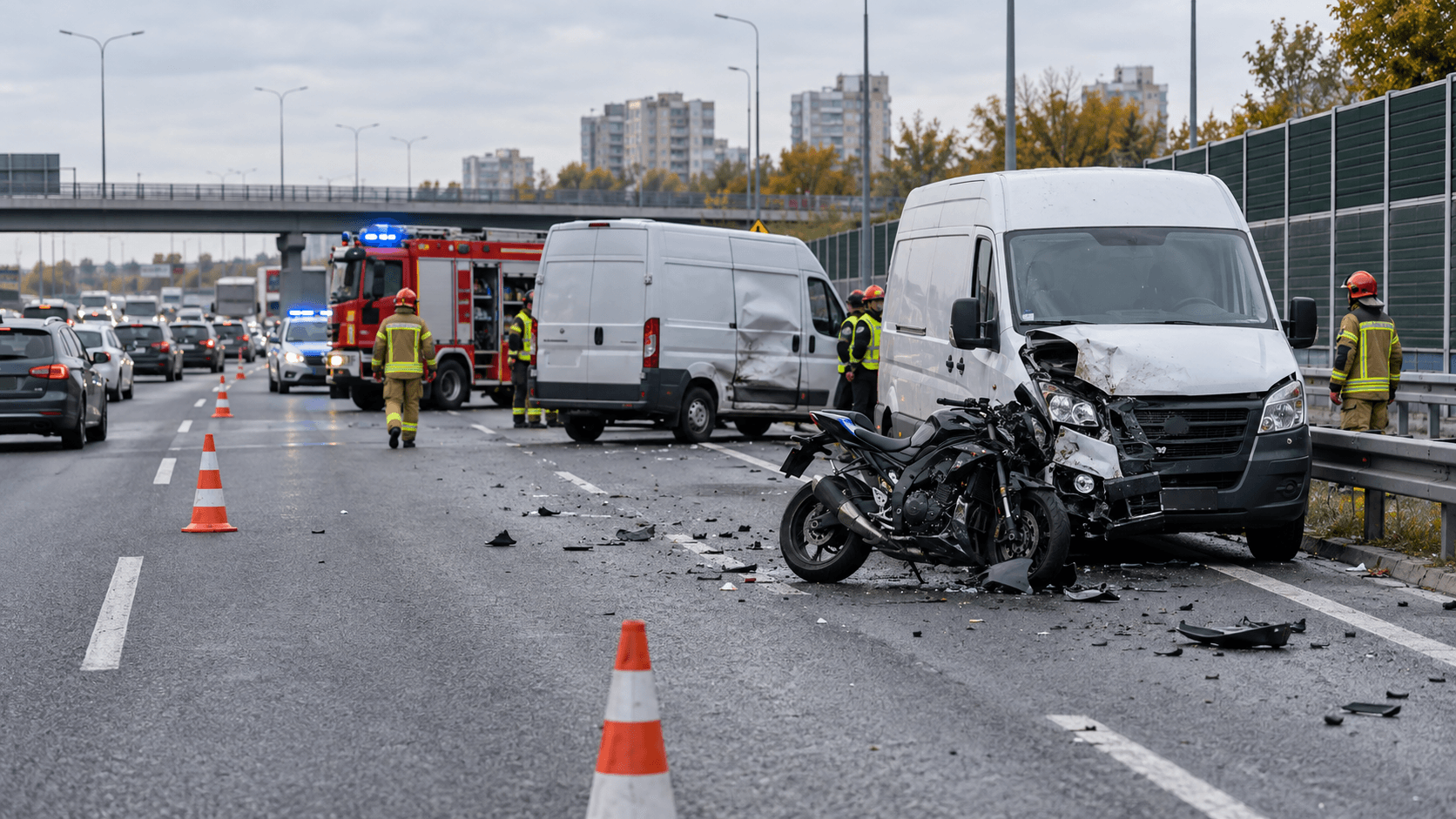 Ilustracja: Wypadek motocyklisty na S8 na Bemowie – Triumph między dwoma busami