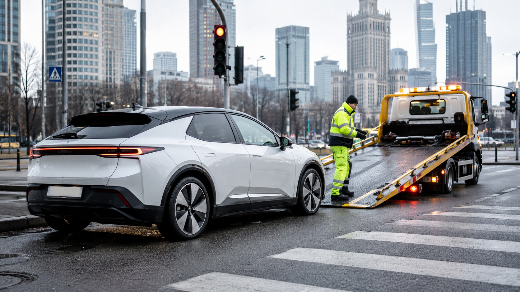 Załadunek samochodu elektrycznego na lawetę Warszawa
