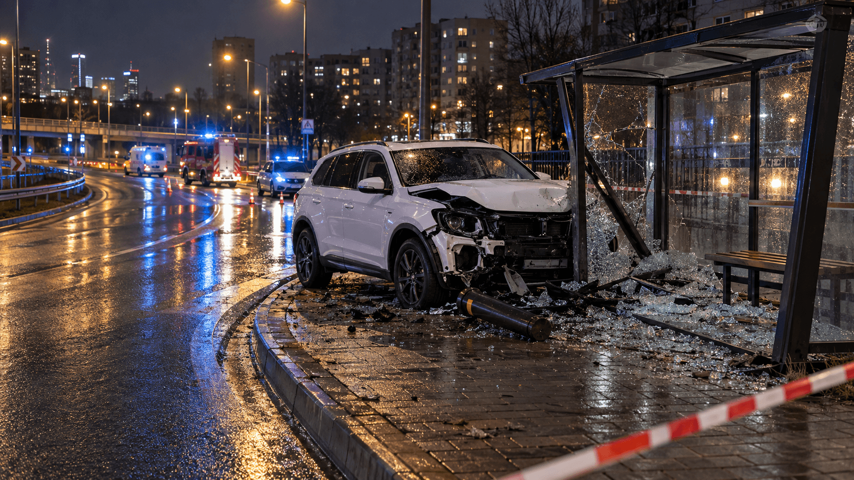 Ilustracja SUV-a po uderzeniu w przystanek autobusowy na Pradze-Południe