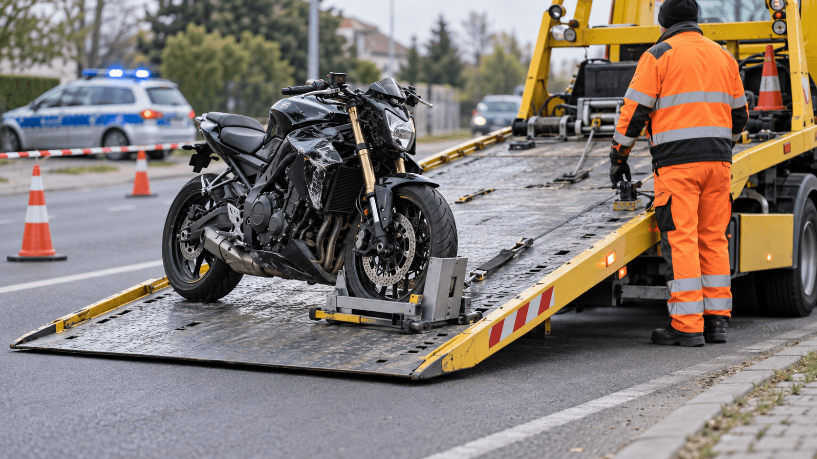 Ilustracja: Śmiertelny wypadek motocyklisty na Arkuszowej – zabezpieczenie miejsca i transport pojazdu