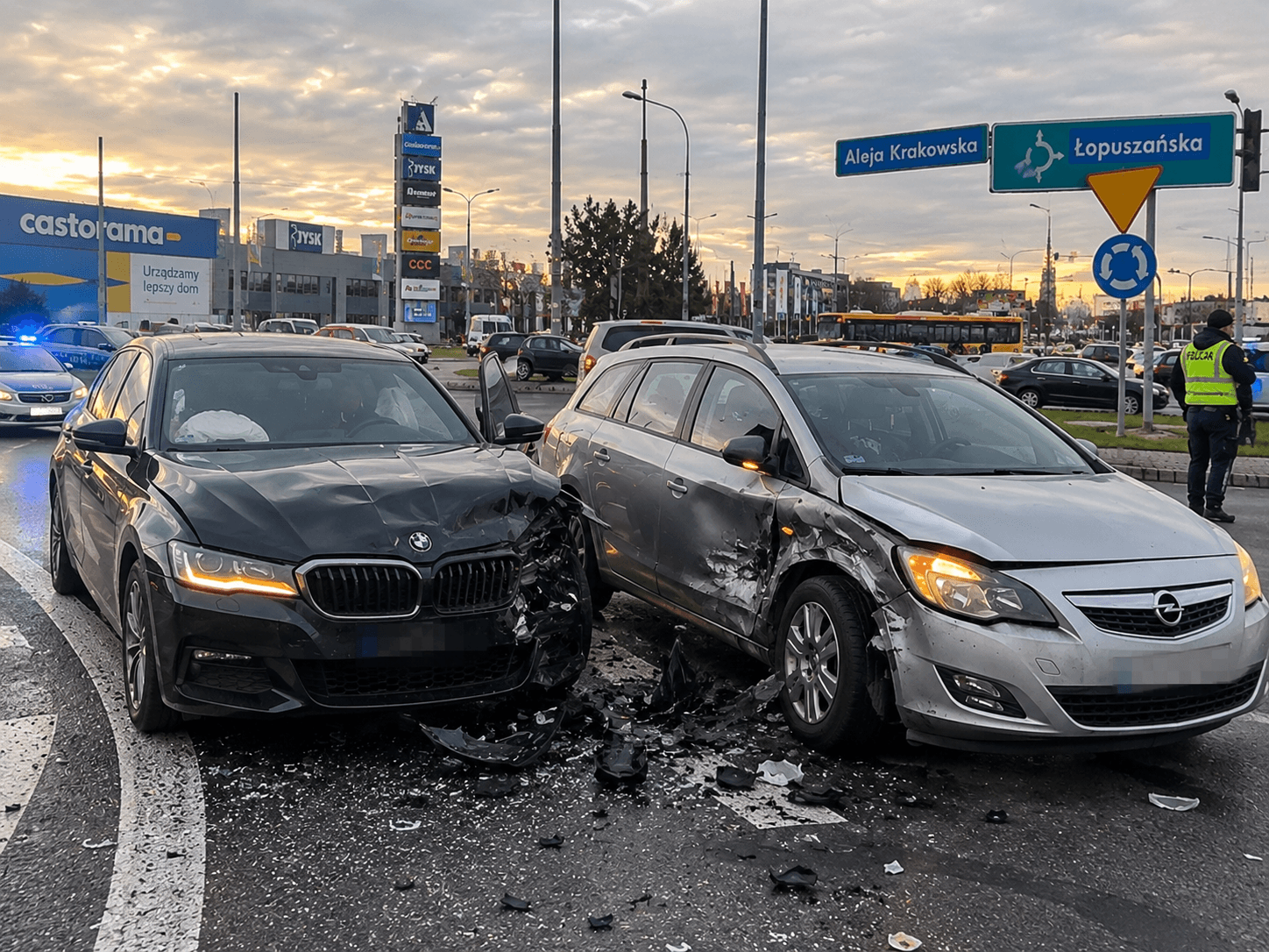 Ilustracja: Kolizja na rondzie Krakowska–Łopuszańska – Škoda i Opel