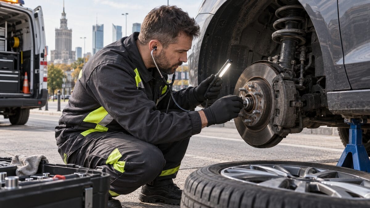 Mechanik diagnozuje huczące łożysko koła i piastę samochodu w Warszawie