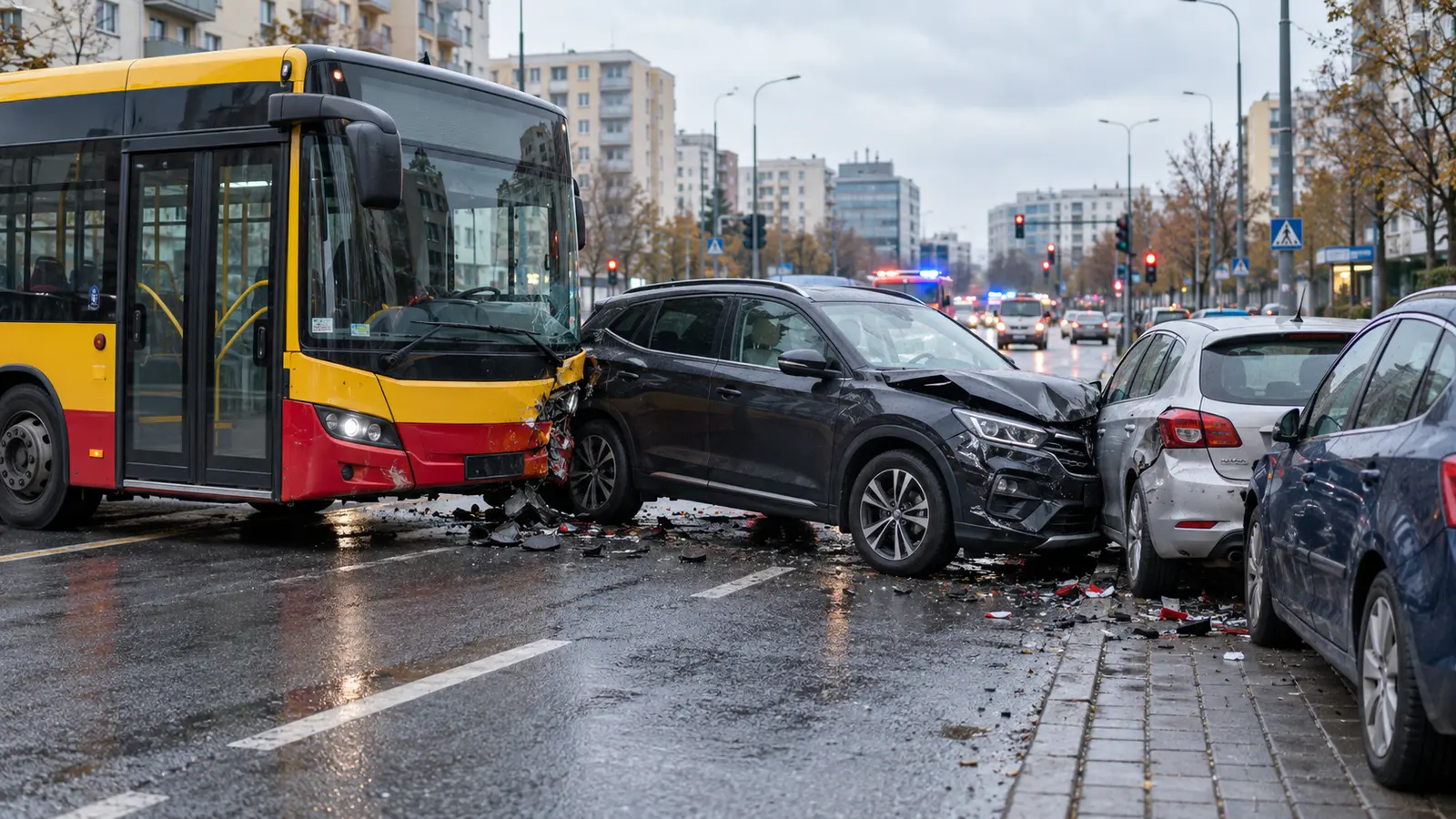 Ilustracja kolizji autobusu miejskiego i trzech samochodów na Ursynowie