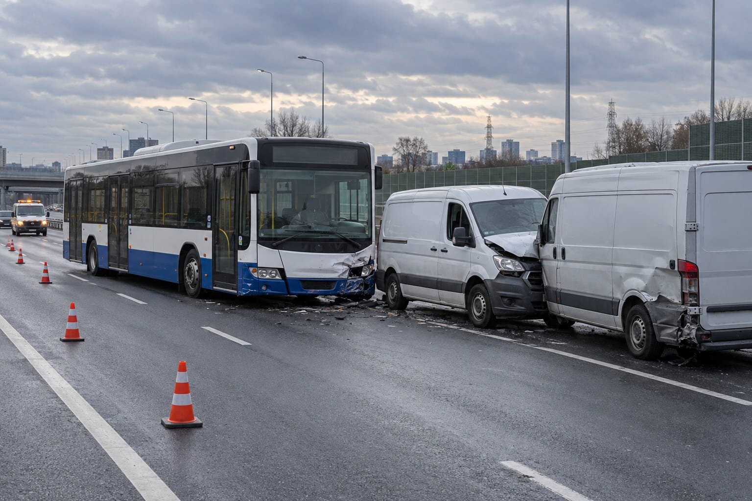 Ilustracja: kolizja autobusu miejskiego i dwóch busów na Trasie Salomea–Wolica