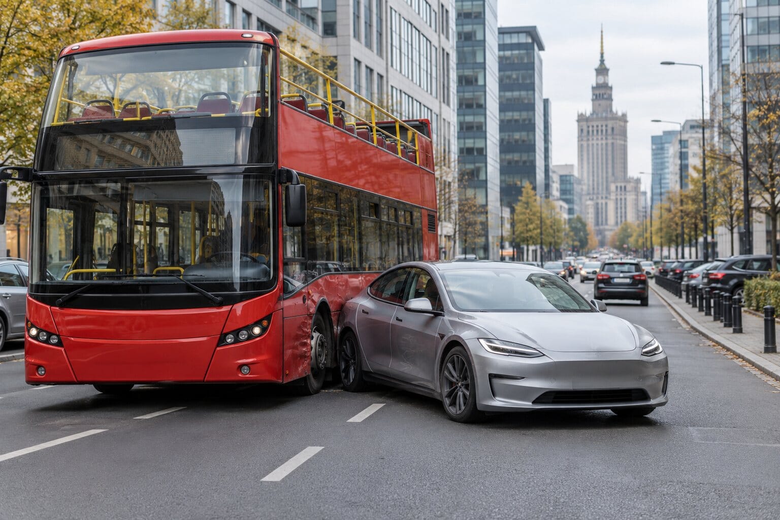 Ilustracja: kolizja elektrycznego samochodu z piętrowym autobusem na ulicy Królewskiej
