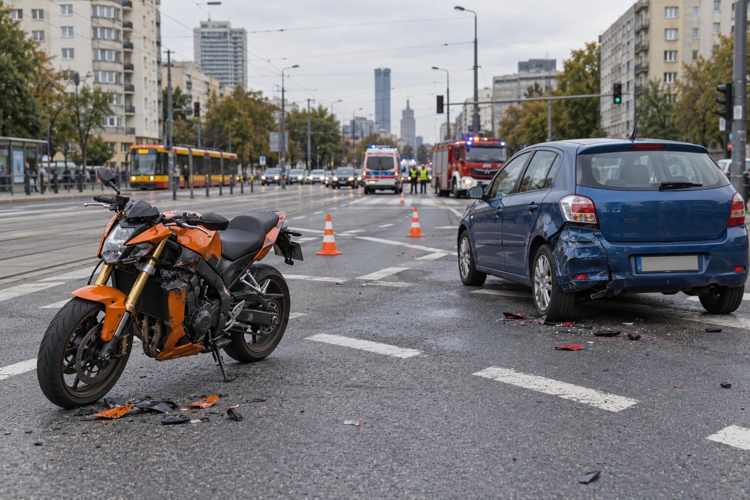 Ilustracja: kolizja motocykla ze Skodą na skrzyżowaniu Grójeckiej i Wawelskiej w Warszawie