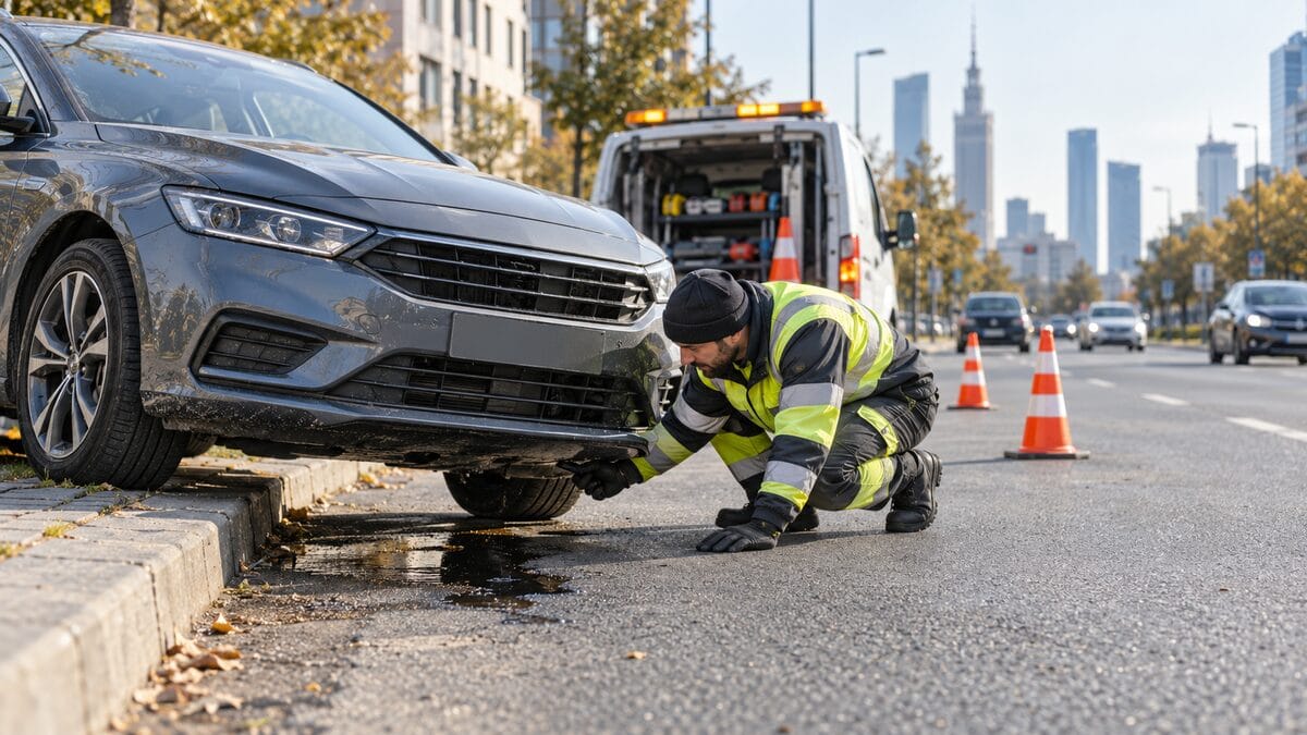 Mechanik sprawdza wyciek oleju spod samochodu po uderzeniu w krawężnik w Warszawie