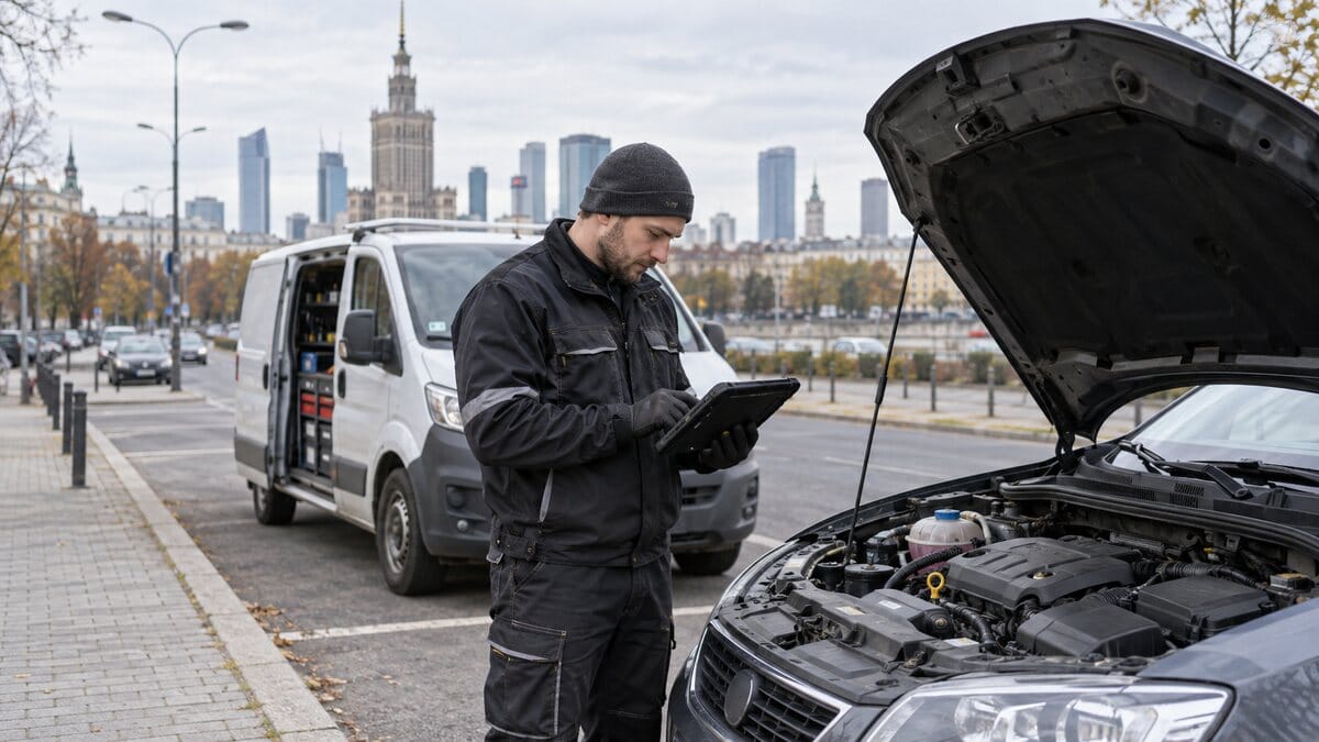 Mobilny mechanik diagnozuje samochód na ulicy w Warszawie