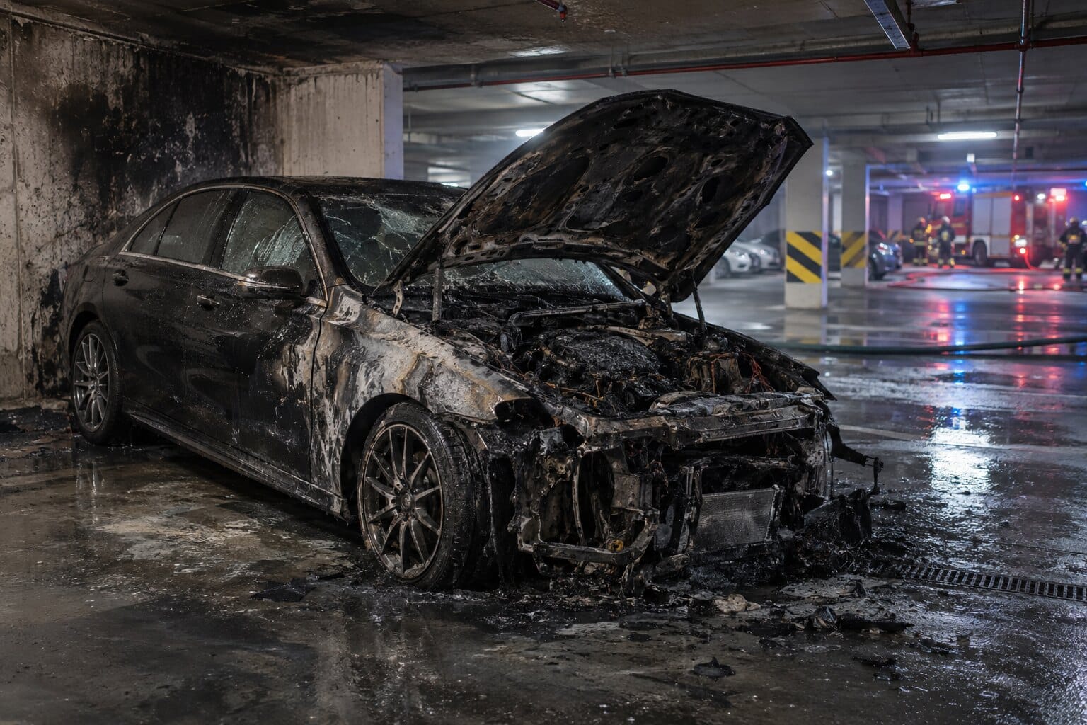 Ilustracja: spalony Mercedes po pożarze w garażu podziemnym w Ursusie