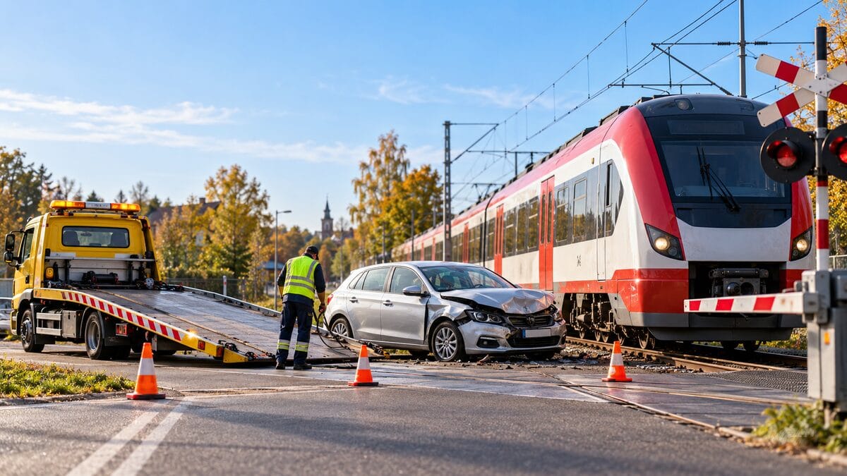 Samochód po kolizji z pociągiem WKD na przejeździe kolejowym – ilustracja