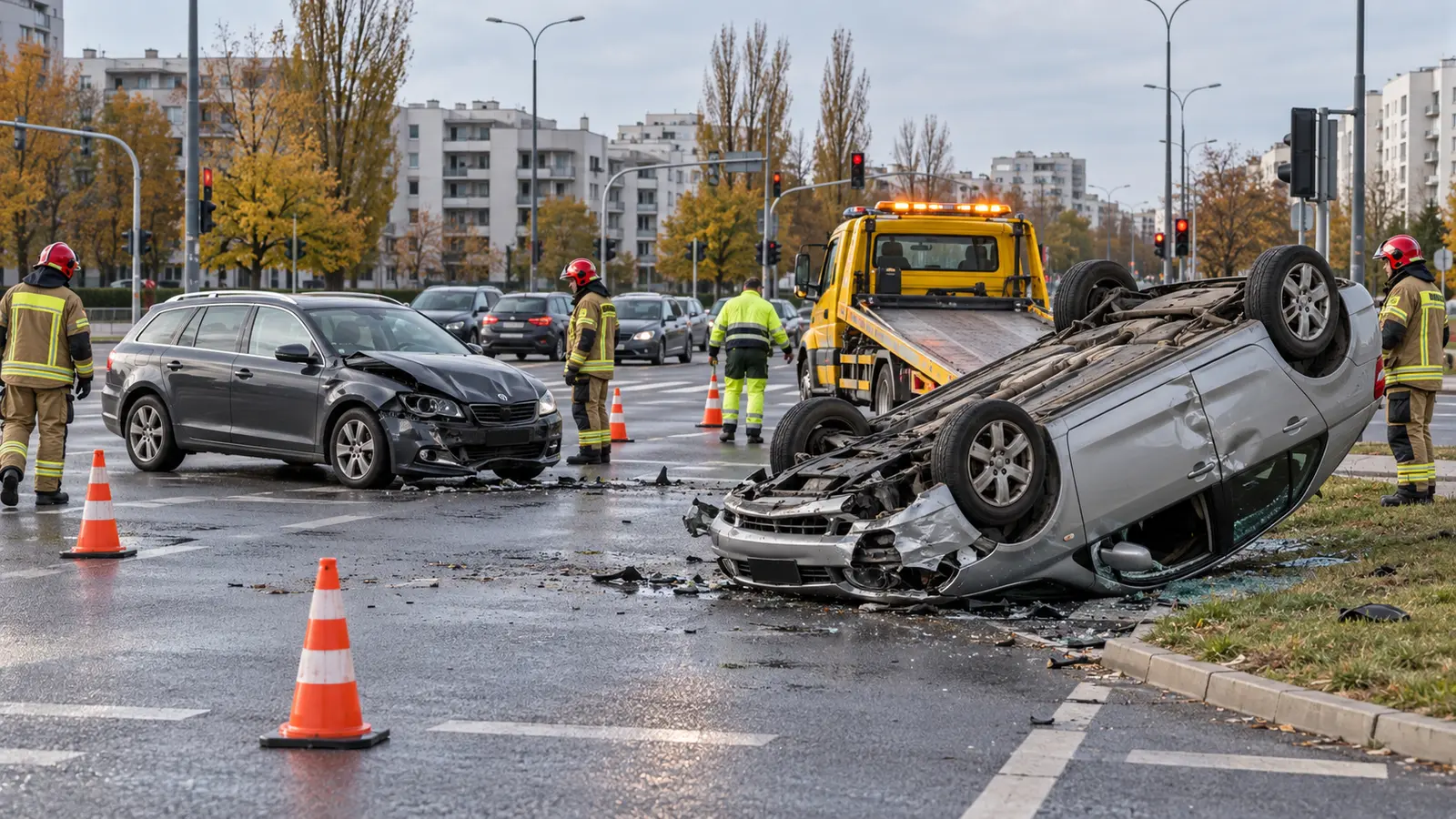 Dachowanie po zderzeniu dwóch samochodów na ulicy Ciszewskiego w Warszawie