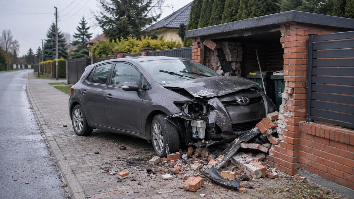 Uszkodzona Toyota po uderzeniu w murowaną wiatę w Górze koło Wieliszewa