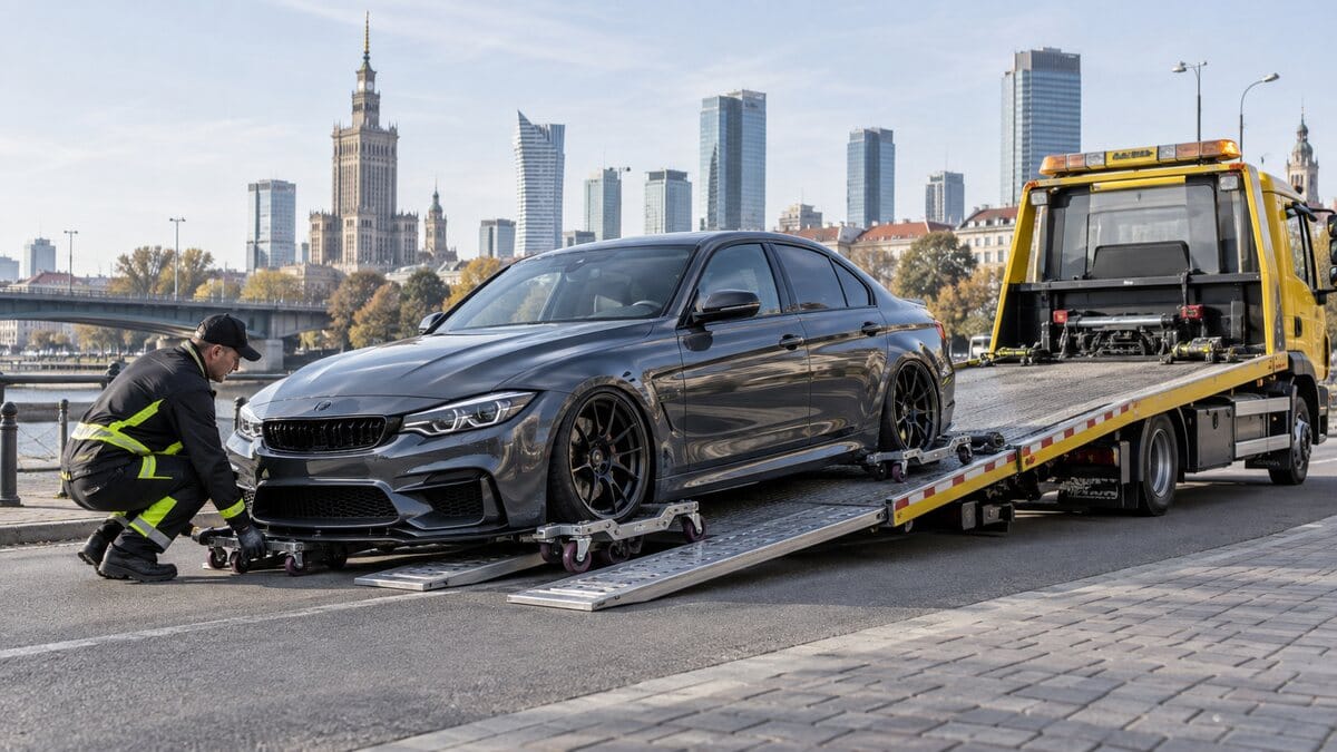 Niskie auto z zablokowanymi kołami ładowane na lawetę przy użyciu rolek
