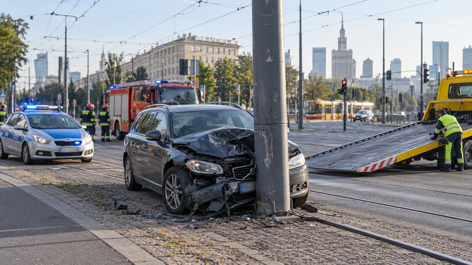 Uszkodzone Volvo po uderzeniu w słup trakcyjny na Żoliborzu – ilustracja