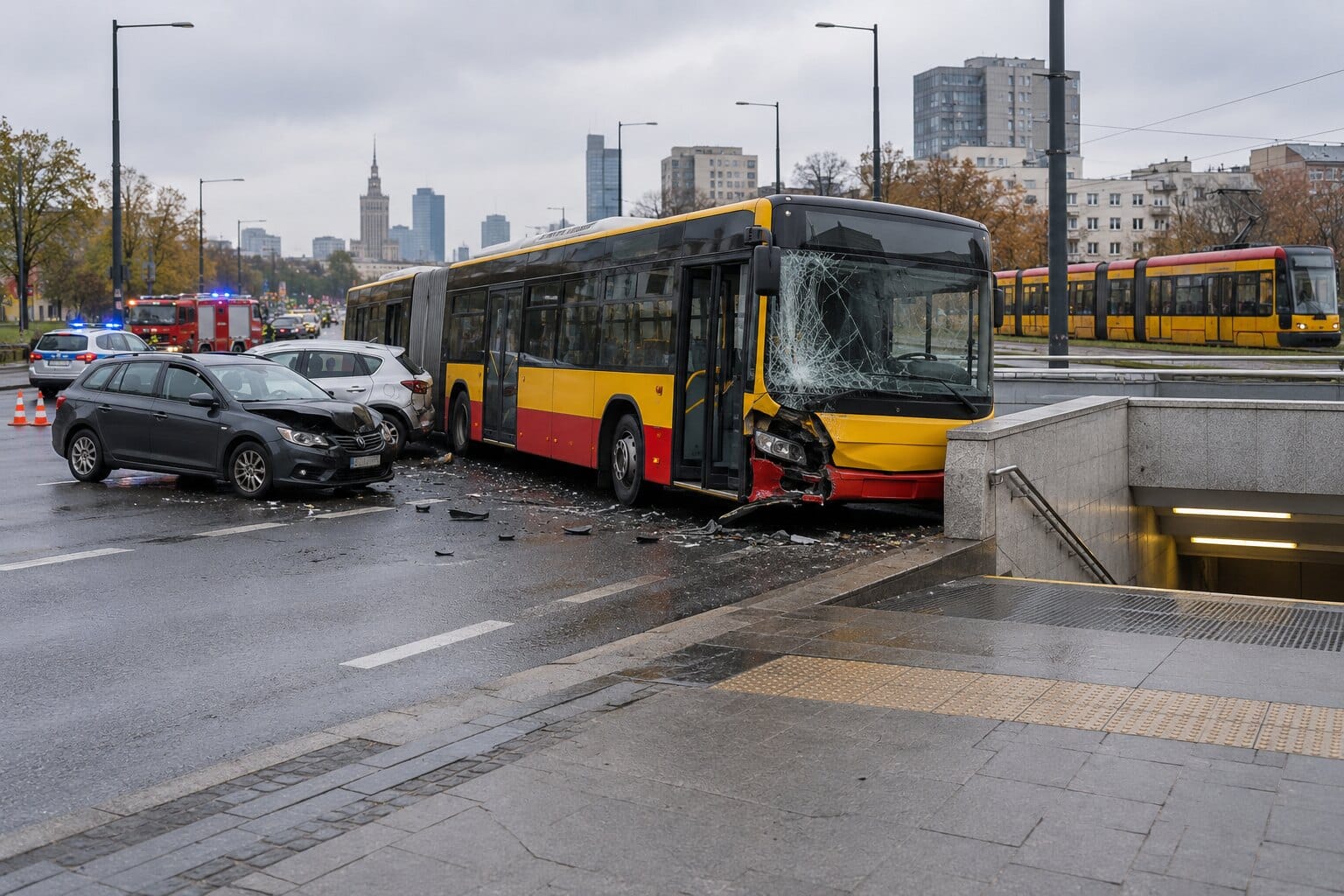 Ilustracja: wypadek autobusu i kilku pojazdów na Ochocie