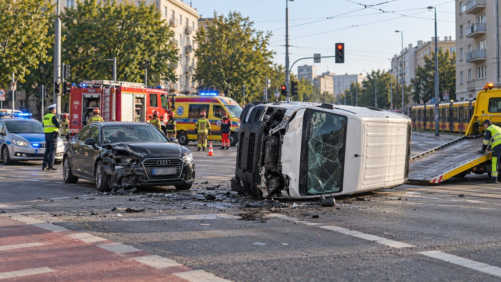 Wypadek na Grochowskiej i Międzyborskiej – bus przewrócony na bok