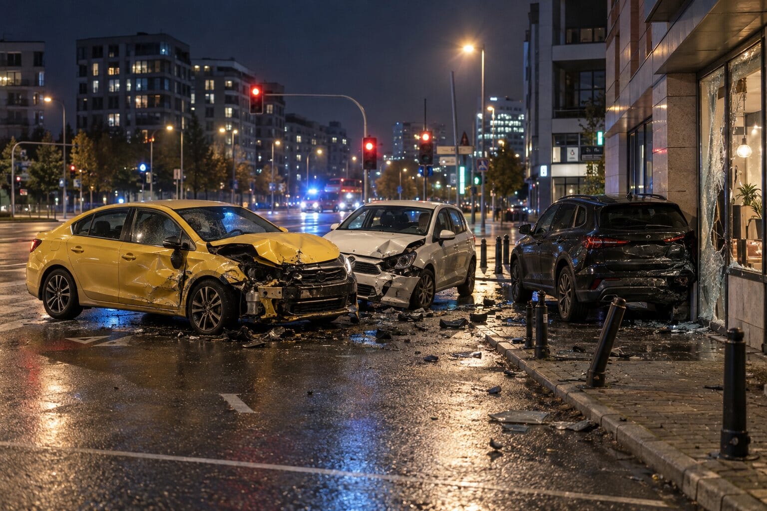 Ilustracja: nocny wypadek trzech samochodów na Cybernetyki i Wynalazek w Warszawie