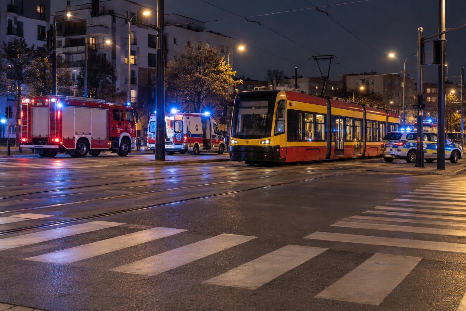 Ilustracja: zatrzymany tramwaj i działania służb na skrzyżowaniu al. Krakowskiej z Instalatorów