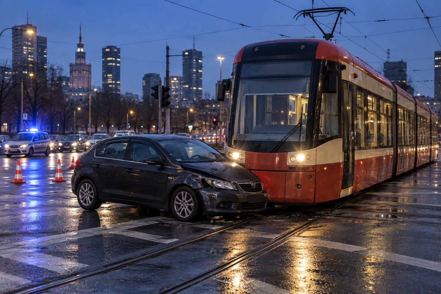 Ilustracja: zderzenie samochodu z tramwajem na skrzyżowaniu al. Jana Pawła II i Nowolipie