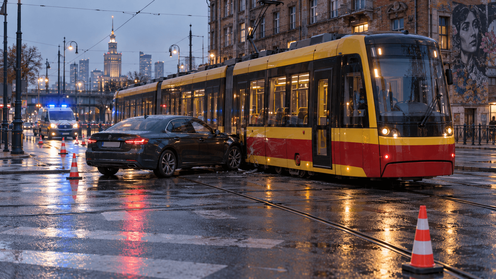 Ilustracja samochodu osobowego i tramwaju po zdarzeniu na miejskim skrzyżowaniu