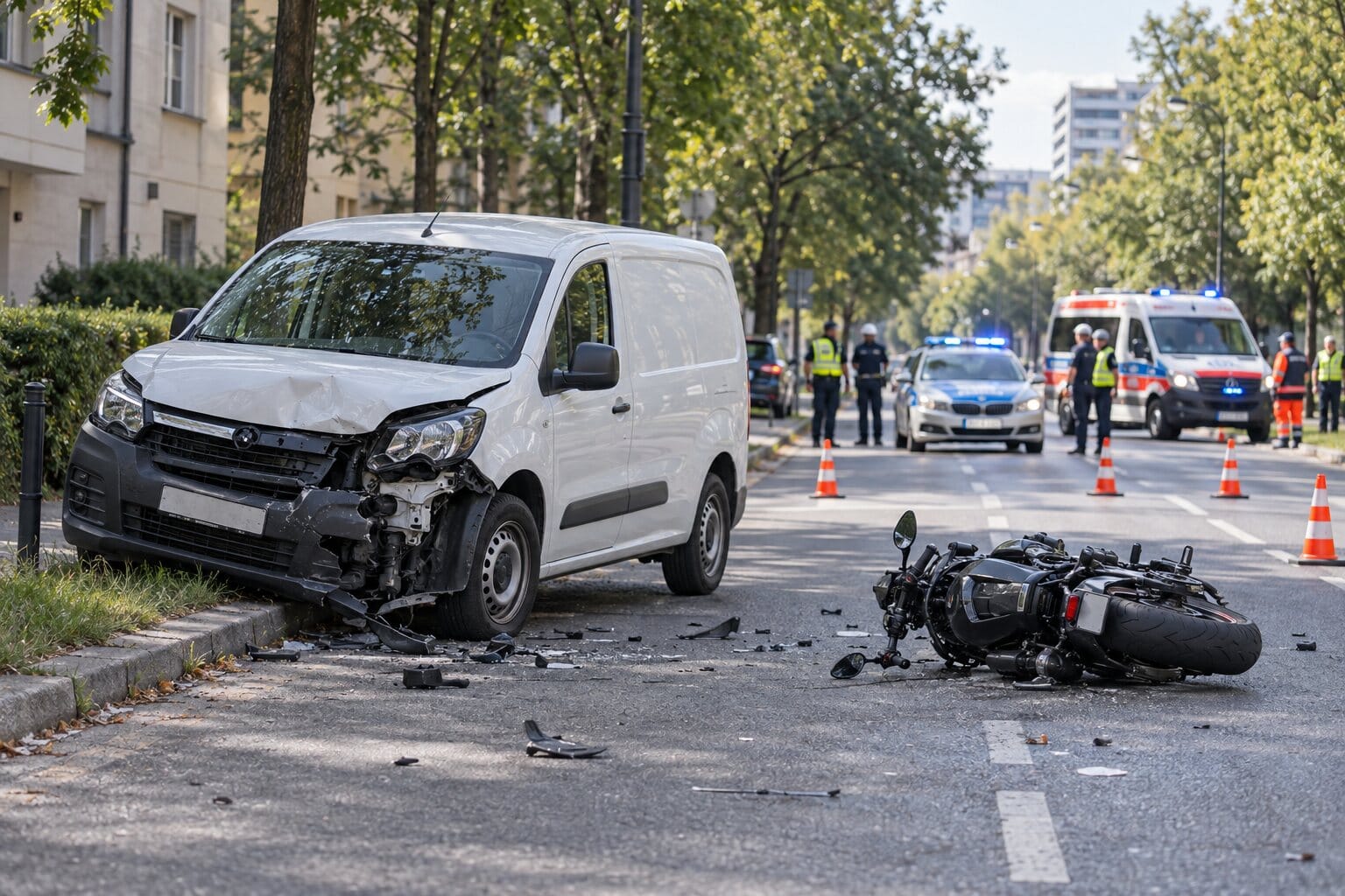 Ilustracja: zderzenie busa z motocyklem na ul. Nałęczowskiej na Mokotowie