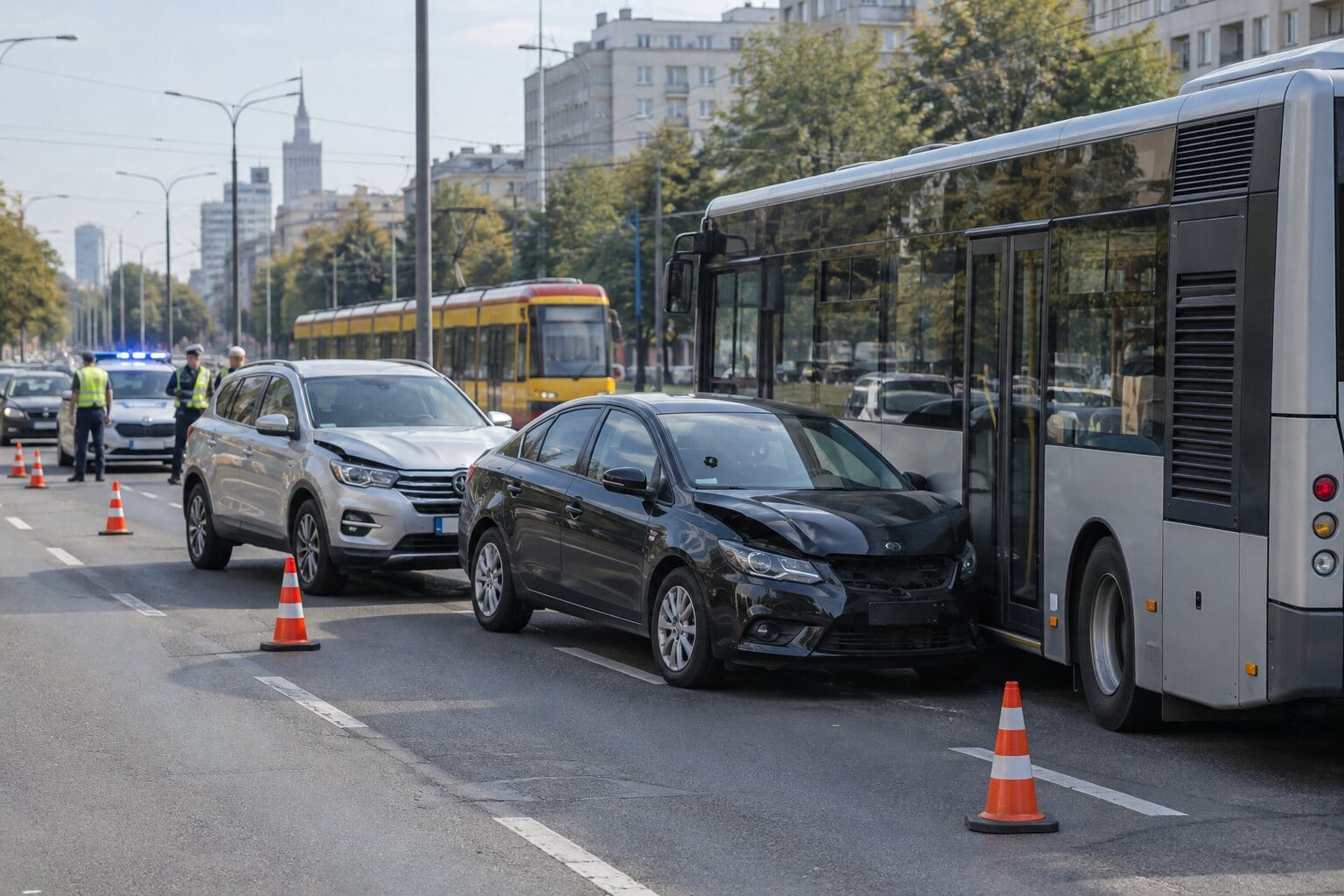 Ilustracja: zderzenie dwóch samochodów i autobusu miejskiego na ul. Puławskiej