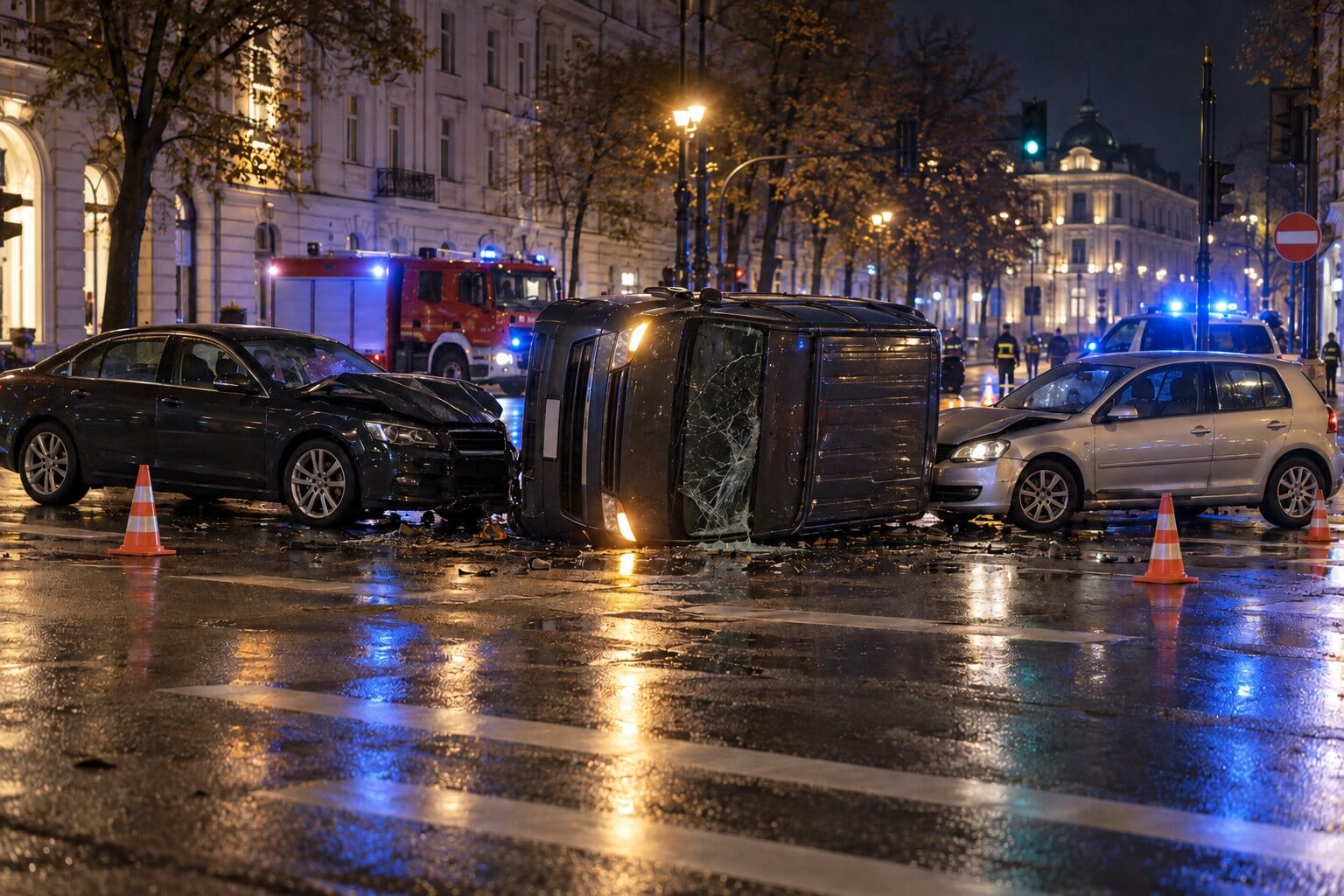 Ilustracja: zderzenie trzech aut w Alejach Ujazdowskich i przewrócony bus