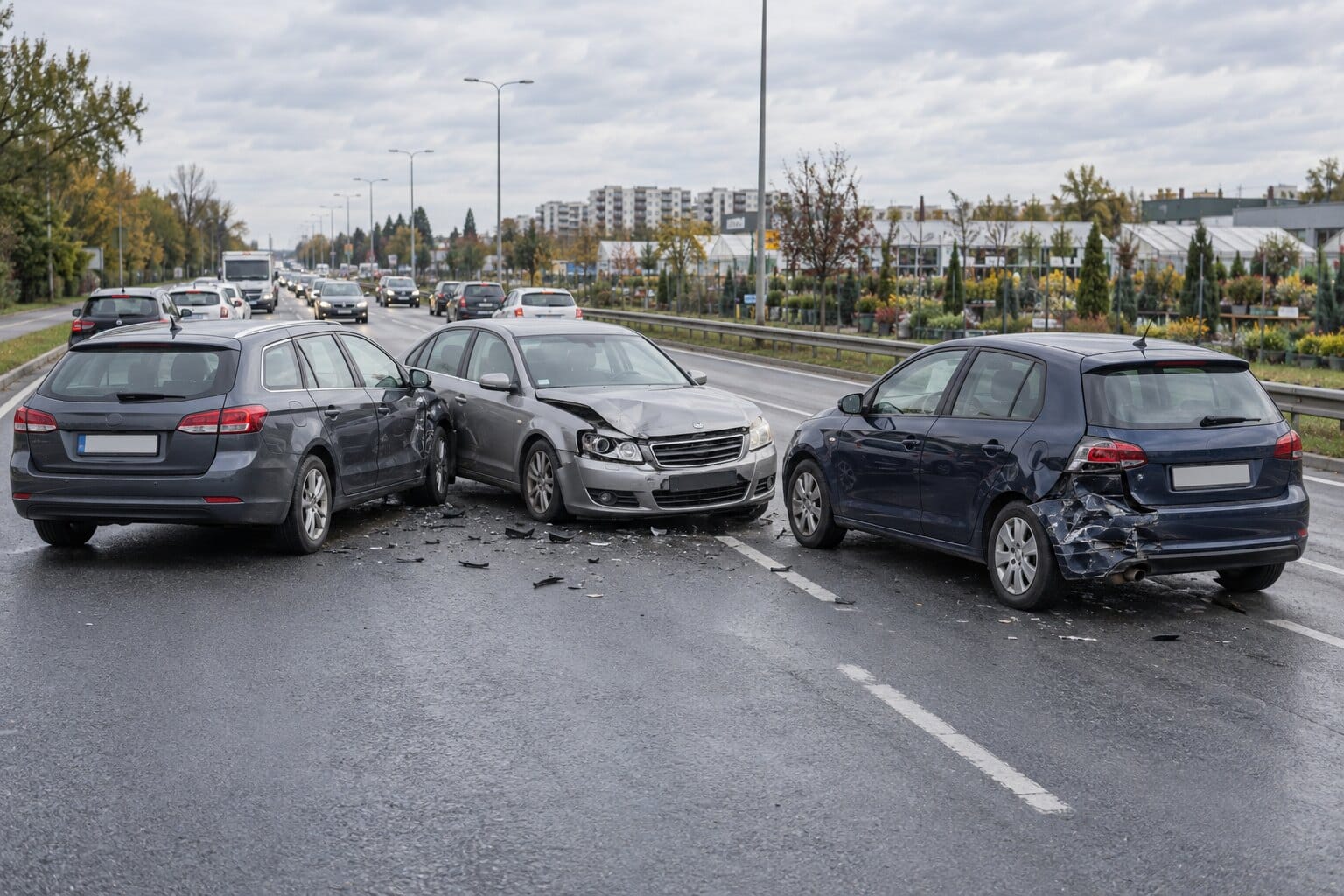 Ilustracja: zderzenie trzech samochodów na ulicy Płochocińskiej na Białołęce