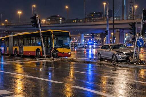 Ilustracja: Zderzenie autobusu i Toyoty na Ochocie – holowanie po kolizji