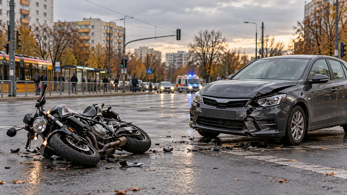 Ilustracja redakcyjna: motocykl i samochód po zderzeniu na skrzyżowaniu na warszawskich Bielanach.
