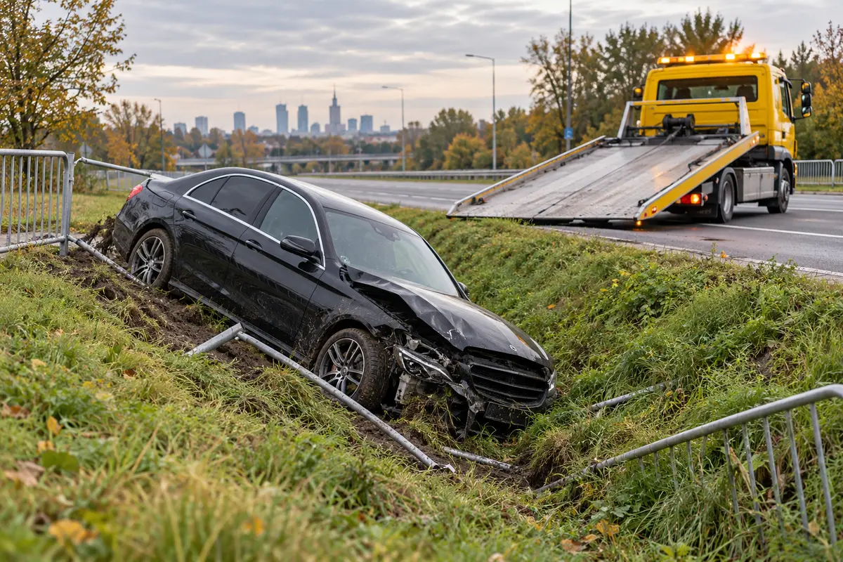 Ilustracja BMW w głębokim rowie w Zamieniu i przygotowania do bezpiecznego holowania