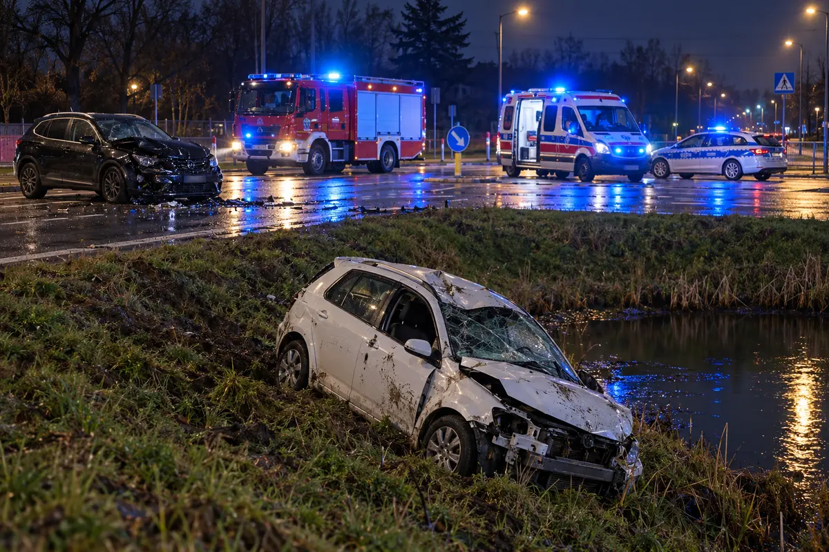 Ilustracja nocnego wypadku w Rembertowie – uszkodzony Opel w niecce obok zbiornika wodnego