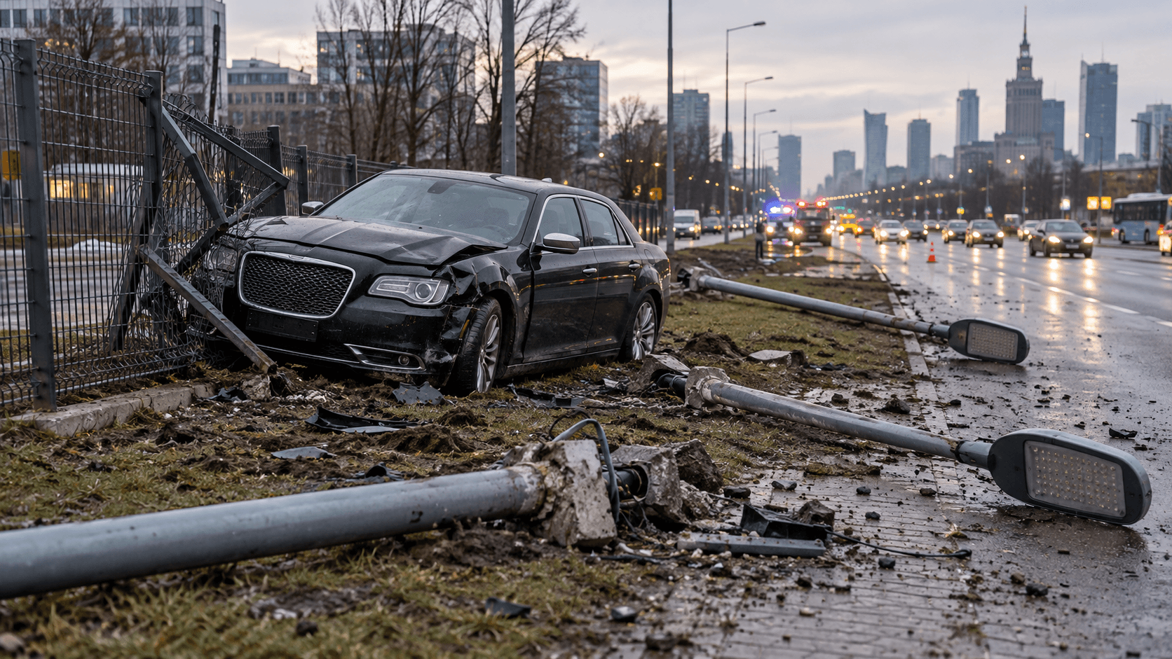 Ilustracja: Chrysler po zjechaniu z jezdni obok uszkodzonego ogrodzenia i przewróconych latarni w Warszawie