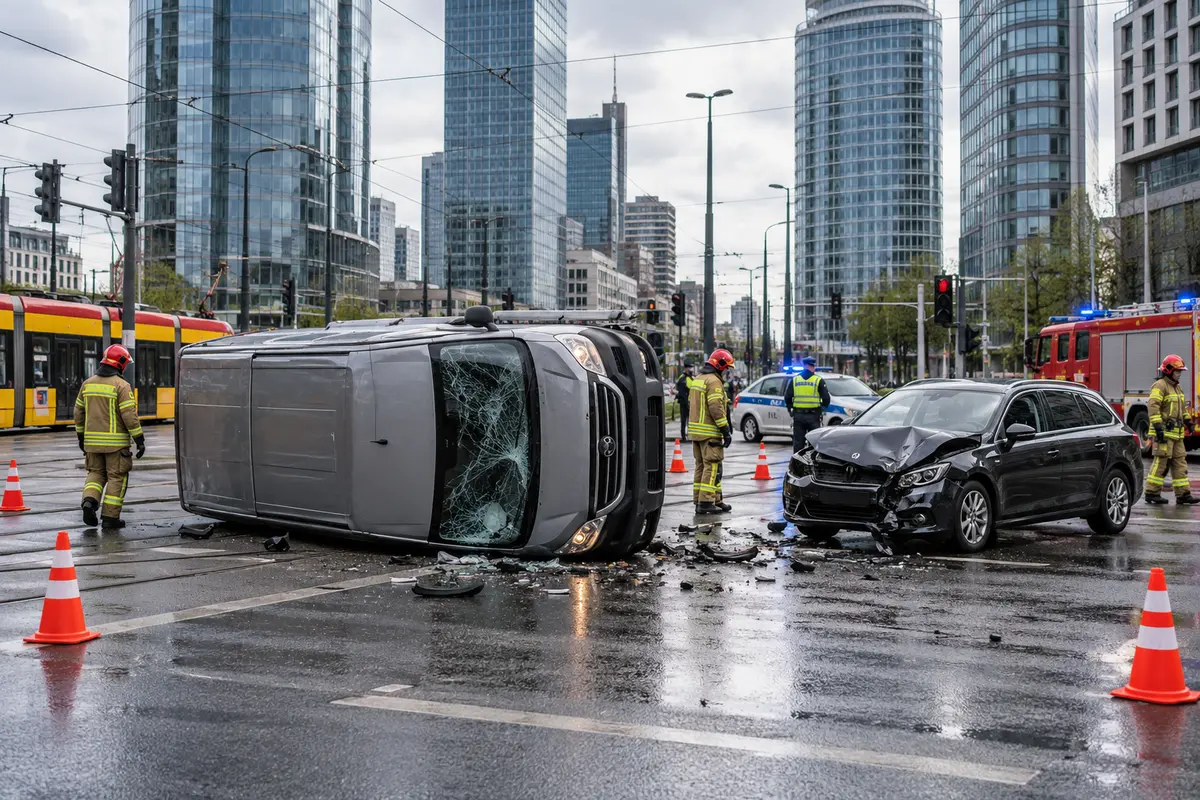 Przewrócony Ford po zderzeniu z BMW na Rondzie Daszyńskiego – ilustracja