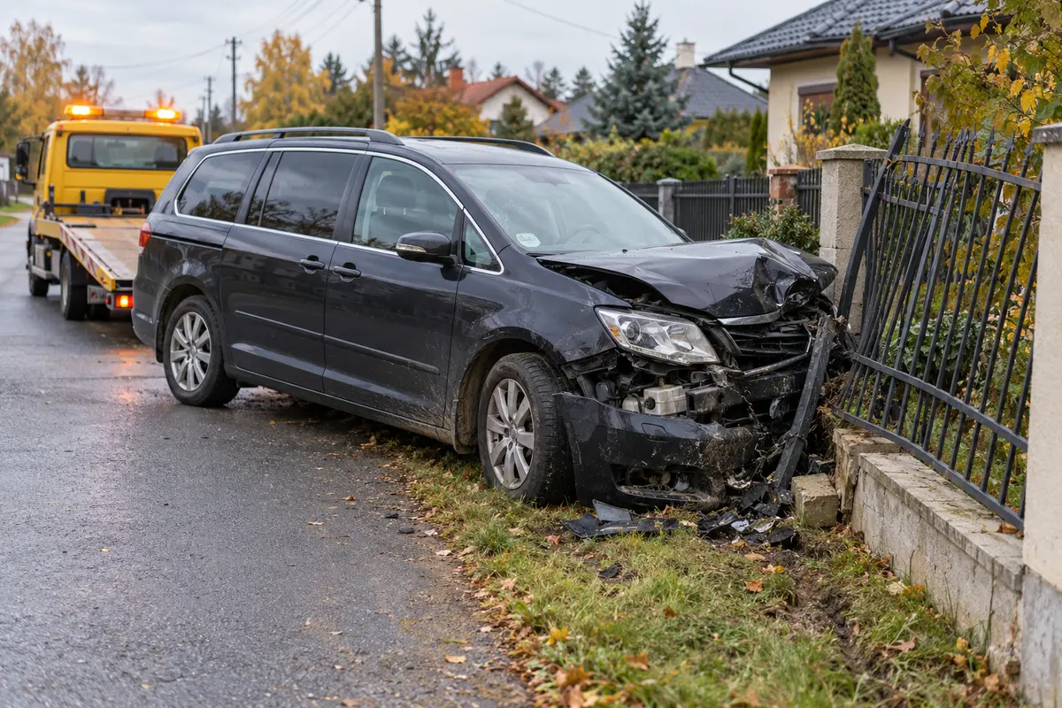 Uszkodzony Ford po uderzeniu w ogrodzenie w Uwielinach pod Piasecznem – ilustracja