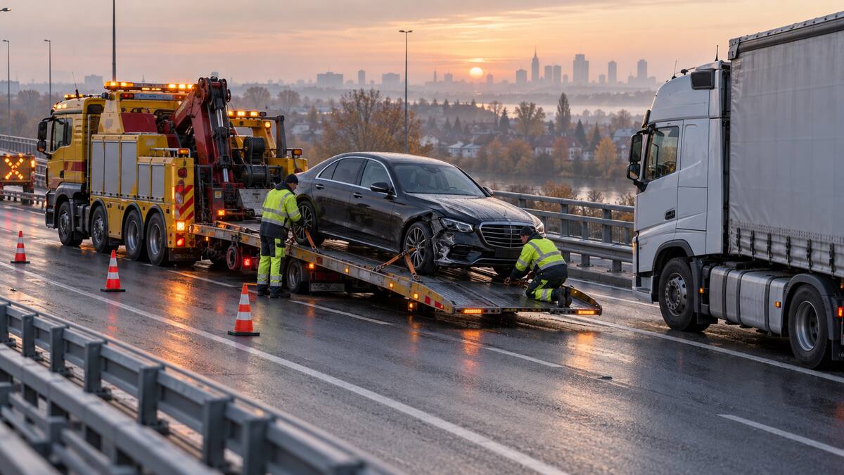 Ilustracja: pomoc drogowa zabezpiecza Mercedesa obok ciężarówki na wiadukcie DW631 w Markach