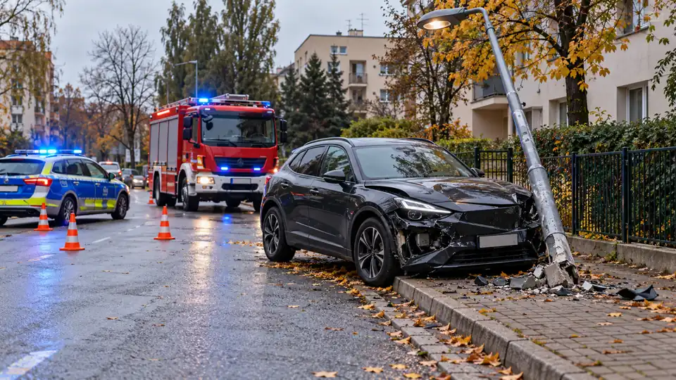 Uszkodzony samochód po uderzeniu w latarnię – ilustracja