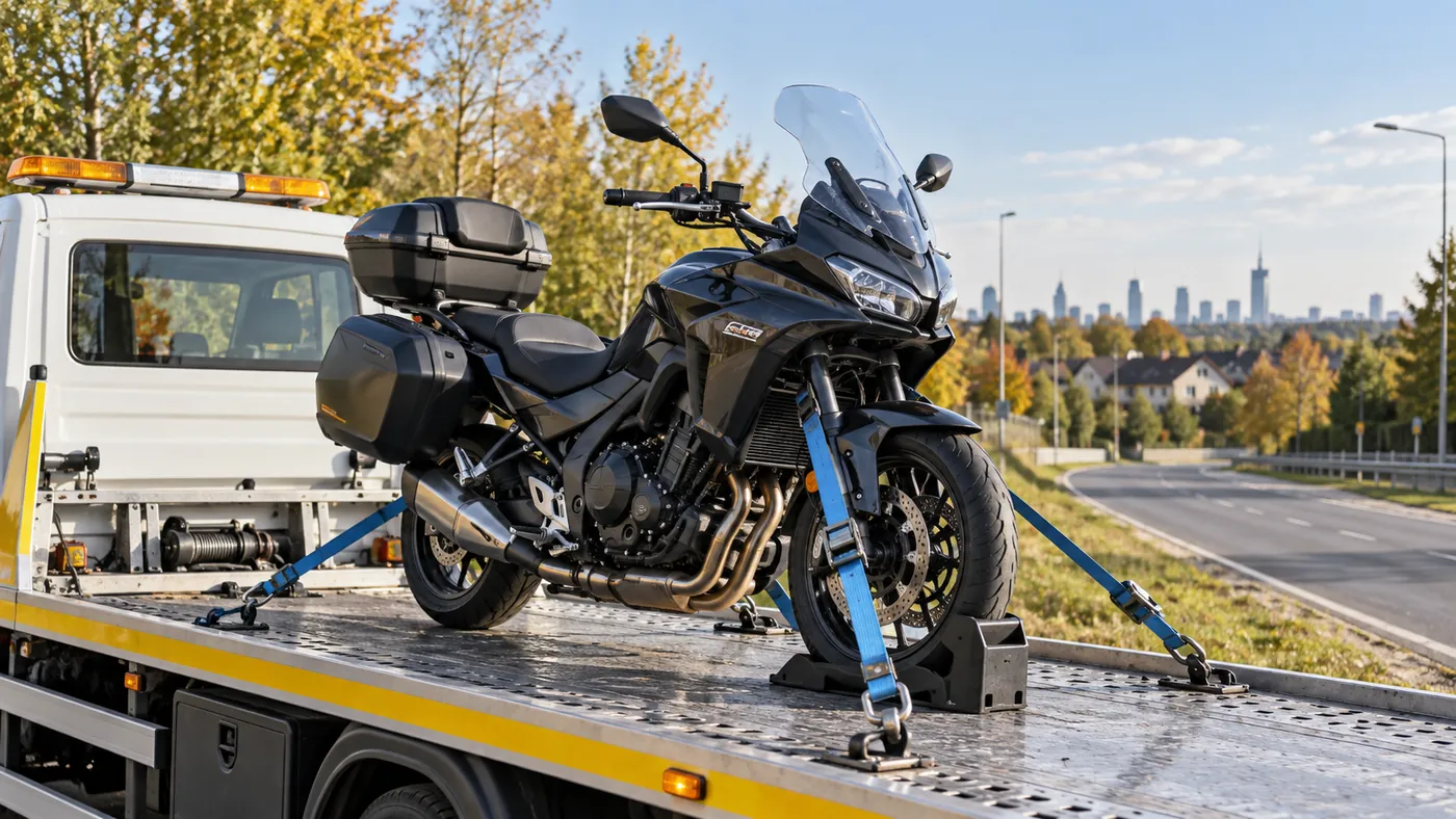 Ilustracja poglądowa: motocykl zabezpieczony na lawecie, niezwiązany z wypadkiem na DW579