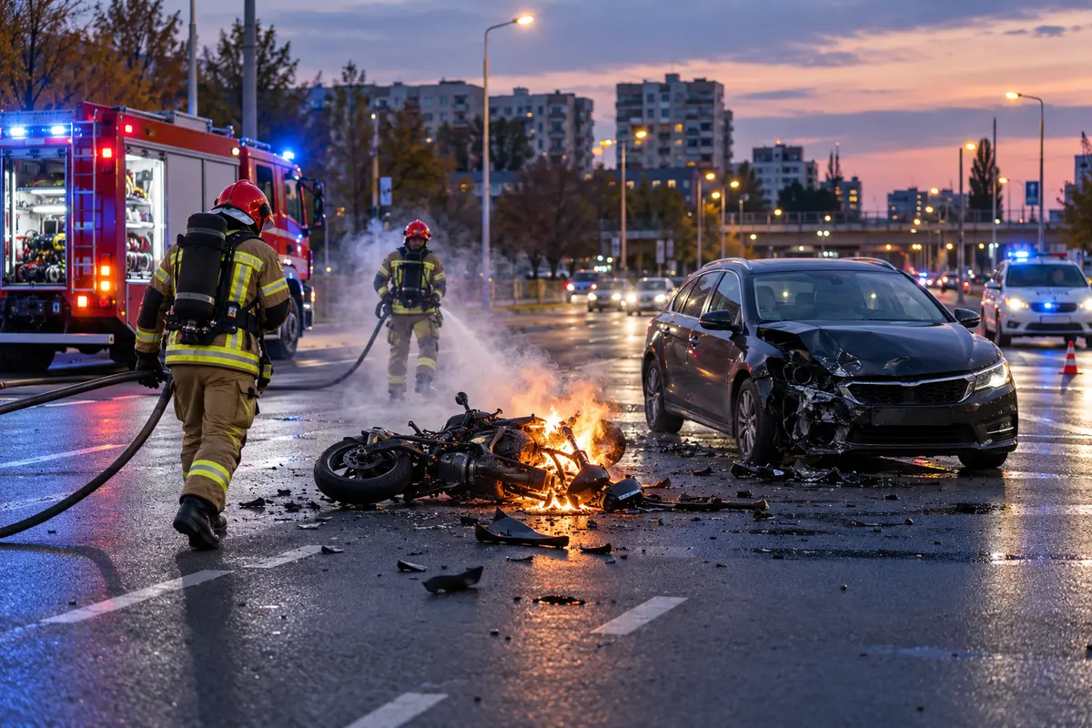 Pożar motocykla po wypadku na Modlińskiej na Białołęce – ilustracja
