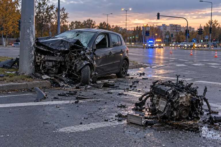 Ilustracja: Peugeot uderzył w latarnię na Białołęce – jak przewieźć auto bez silnika?