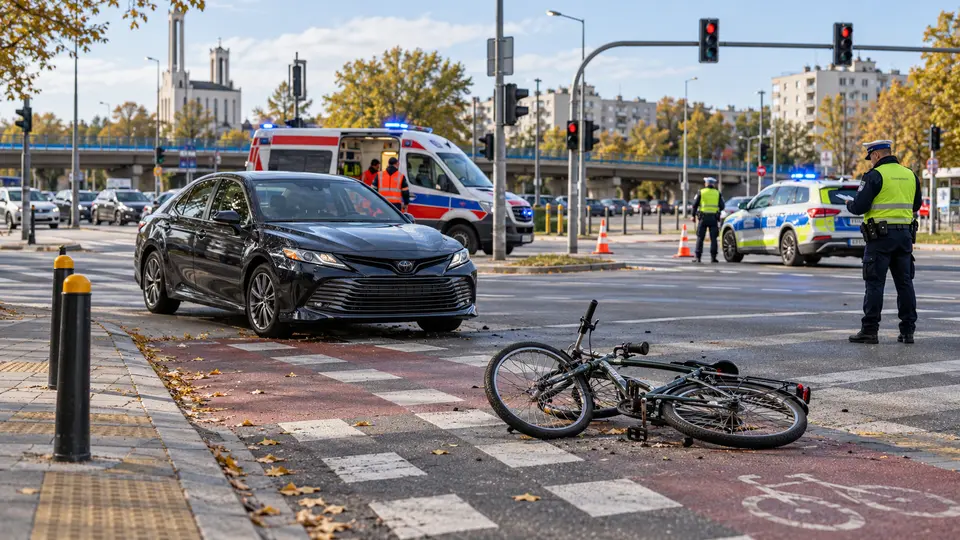 Ilustracyjna rekonstrukcja potrącenia rowerzysty przez samochód na skrzyżowaniu Krasińskiego i Gwiaździstej na Żoliborzu