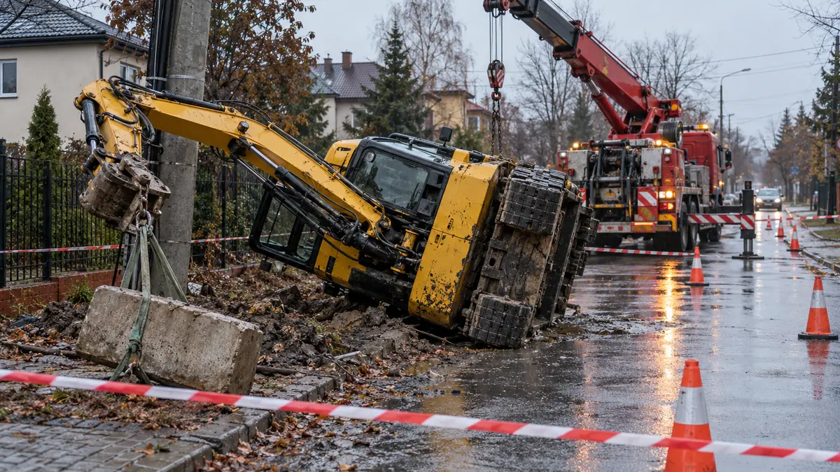 Koparka przewróciła się w Rembertowie – zabezpieczenie miejsca i pomoc techniczna