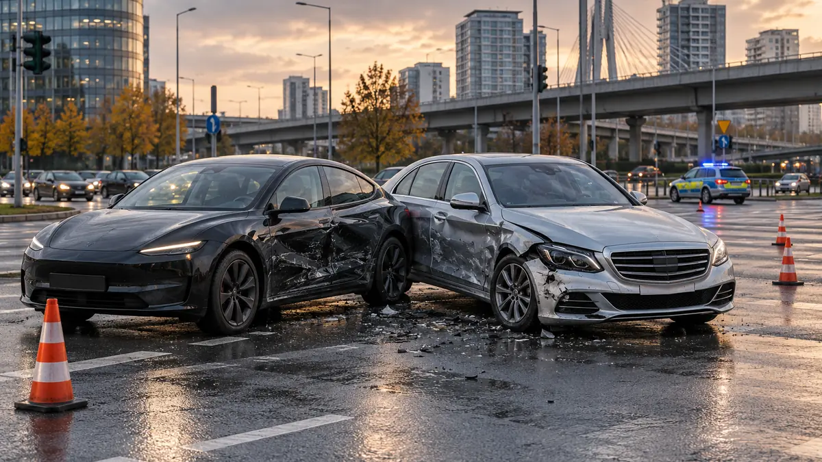 Zderzenie Tesli z Mercedesem na Rondzie Tybetu – transport auta po kolizji