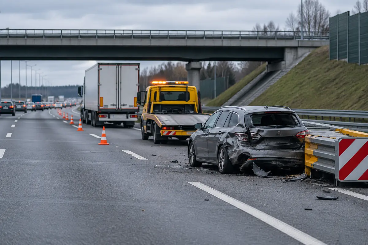 Uszkodzony samochód osobowy przy barierze na autostradzie A2 w rejonie Cisia – ilustracja